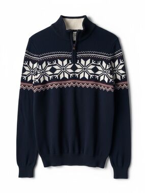 NWT ASPEN Men's Quarter Zip Sweater Blue White Red Fair Isle Pattern Small